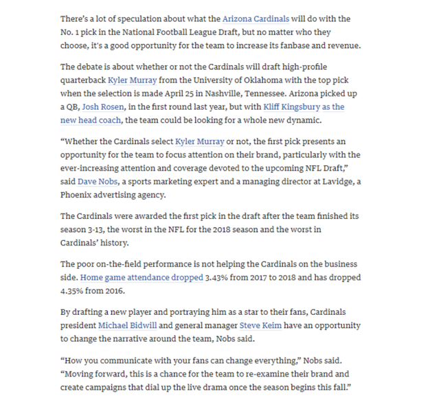 Dave Nobs, sports industry marketing expert, speaks to the Phoenix Business Journal.